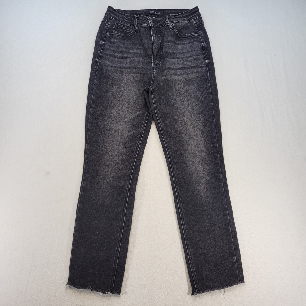 Judy Blue Jeans Women 5/27 Faded Black Straight Crop Raw Hem High Rise